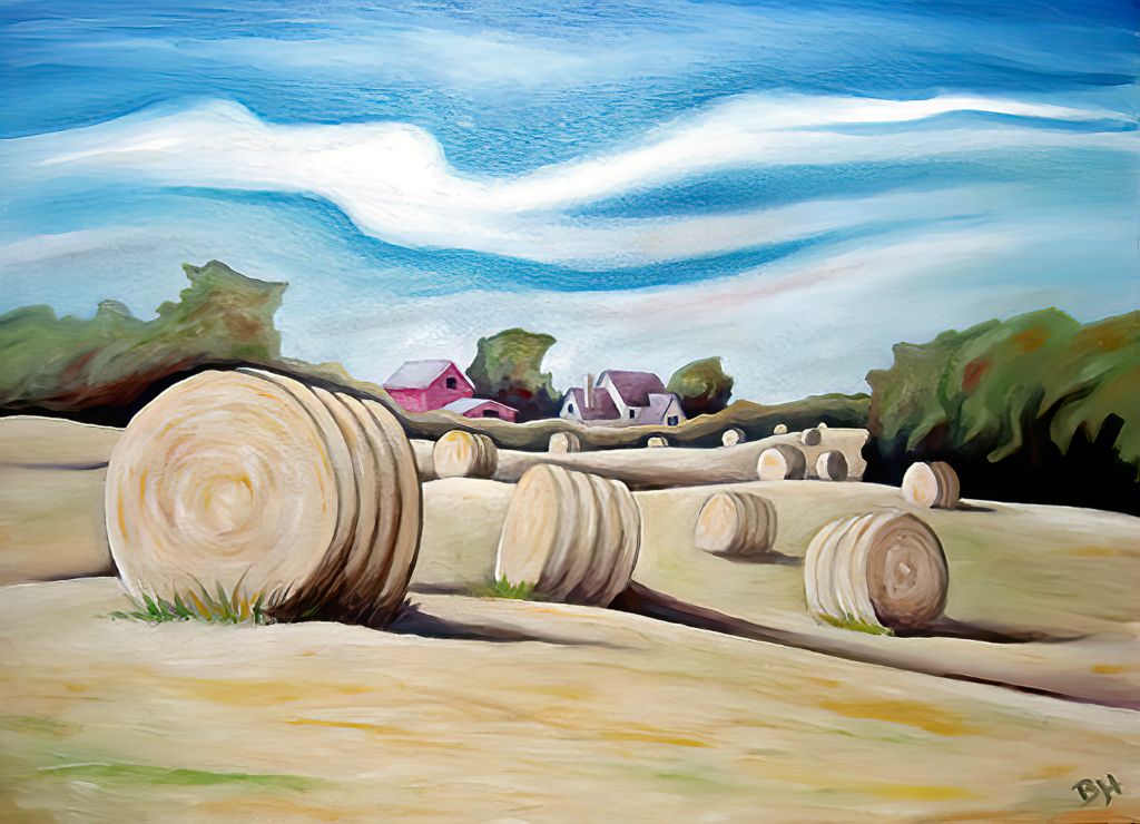 Round Bales, oil on board (14.45" H x 20" Wide)